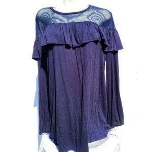 Susan Betro Long Sleeve Ruffle Blouse Size Medium Navy Blue Sheer Shoulder Top